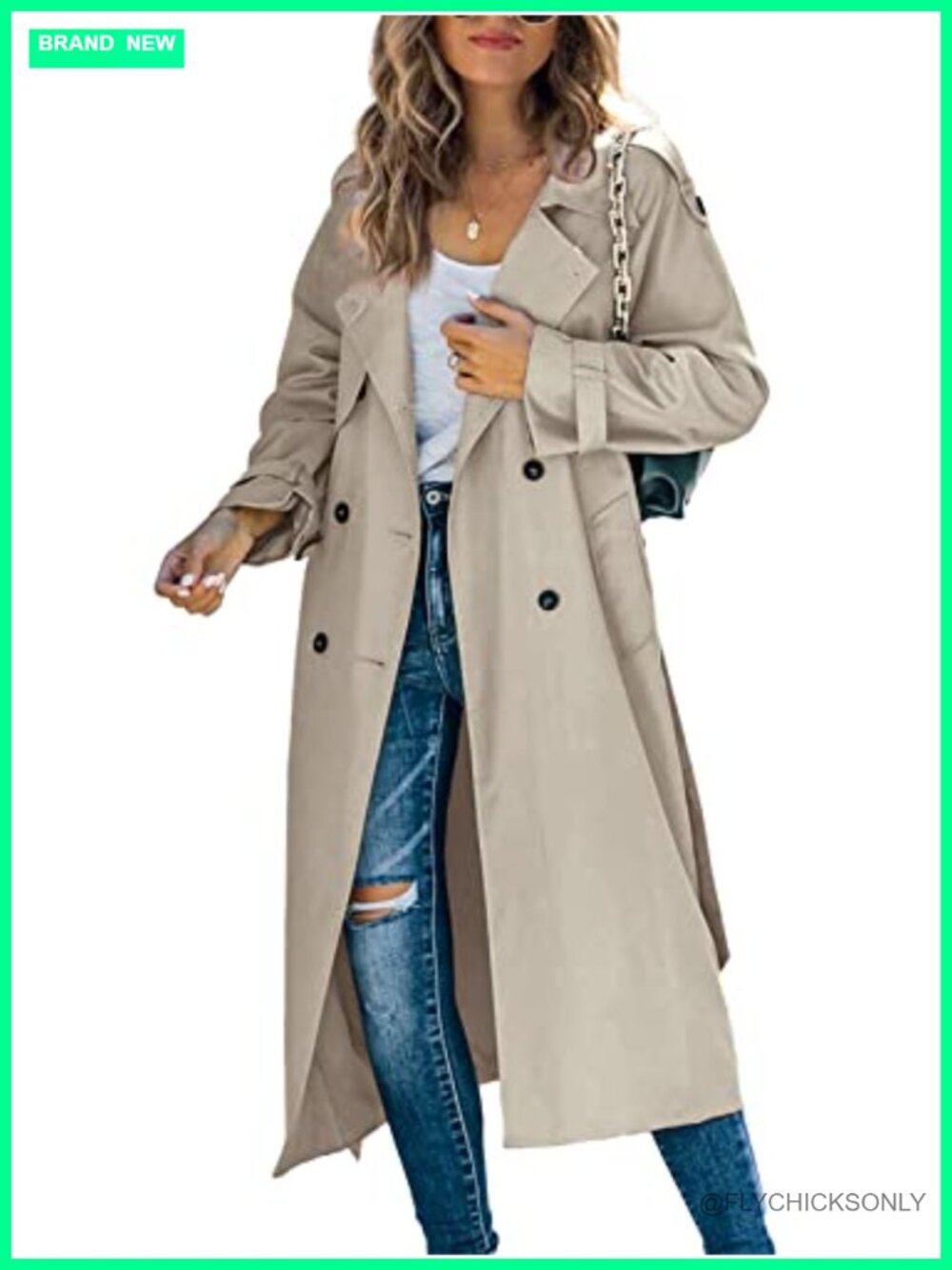 Women's Long Trench Coat Double Breasted Windproof Belted Slim Fit